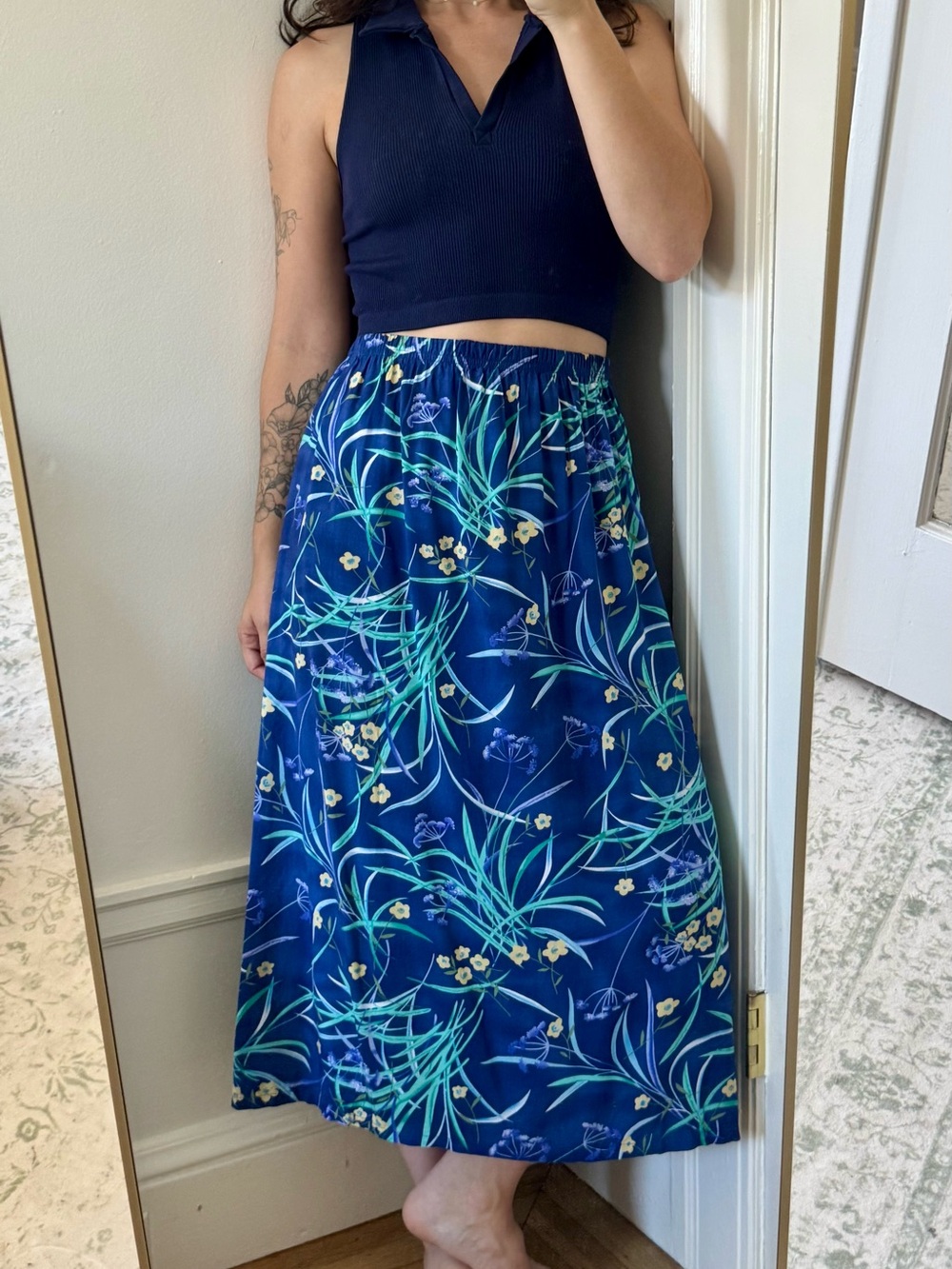 Vintage Navy / Indigo Floral Midi Skirt